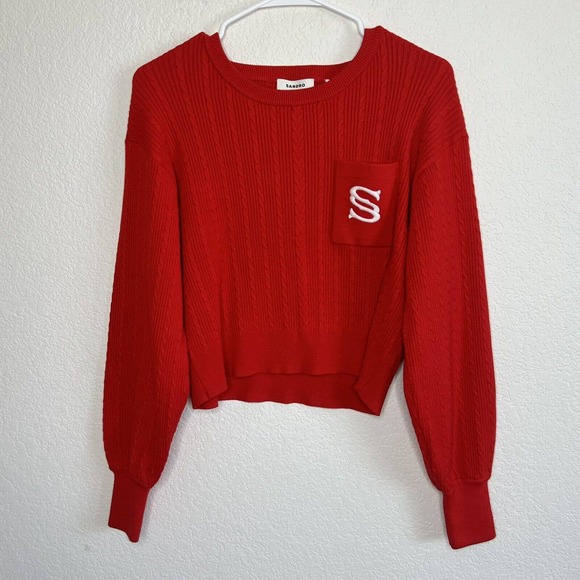 Sandro Small RED Letter Embroidery crew neck Knitted Sweater Academia Logo N17 - Picture 4 of 9